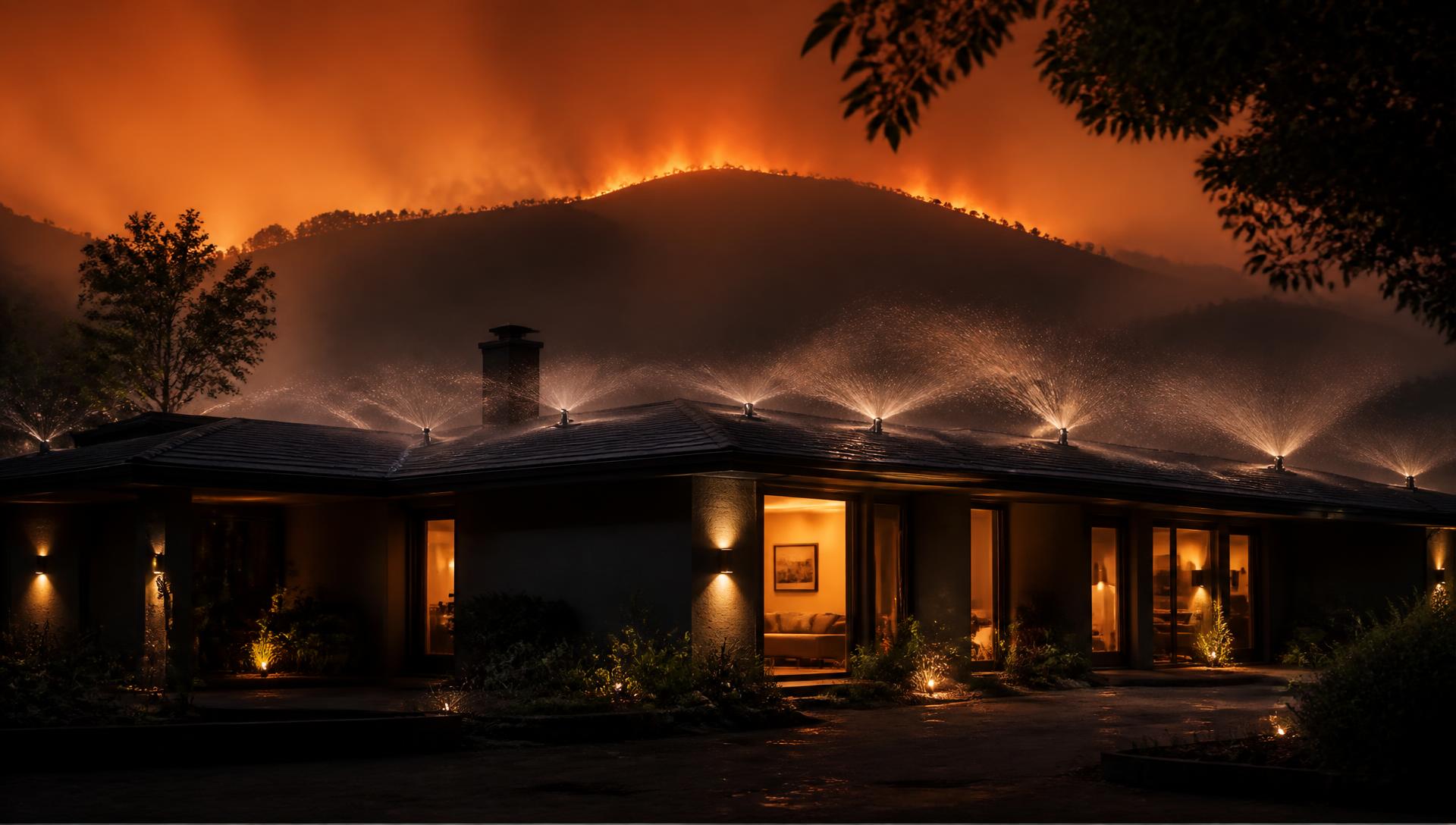 Rooftop sprinklers wetting a home's roofline as wildfire glows on the ridge behind it