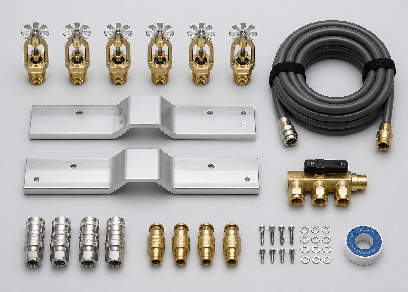 Flat lay of an EmberHawk sprinkler kit: heads, brackets, hose line and fittings